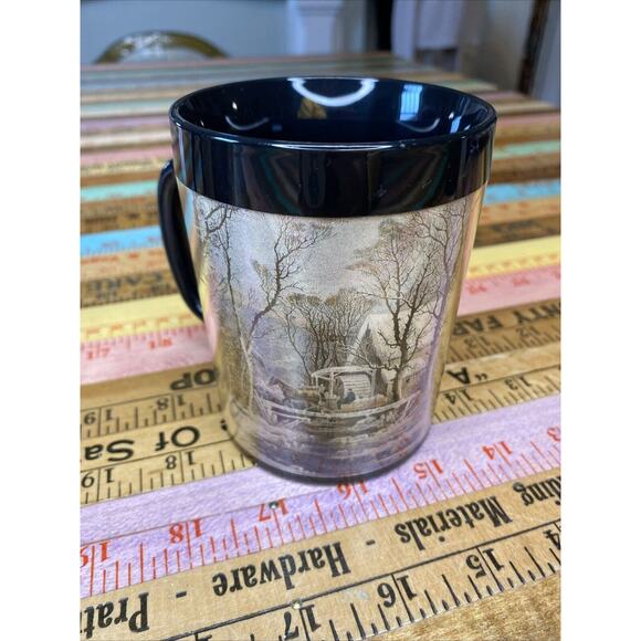 2 Vintage 80s Thermo-Serv Coffee Mugs made in USA Cabin Mill Print Currier Ives - Picture 5 of 11